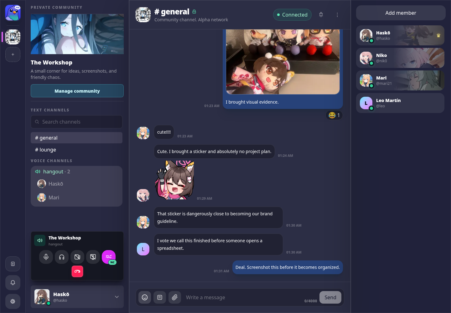 Pigeon Swarm desktop interface showing channels, a conversation, members, and an active voice call